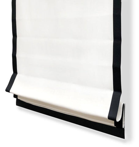 White Linen with Black Border Flat Roman Shade