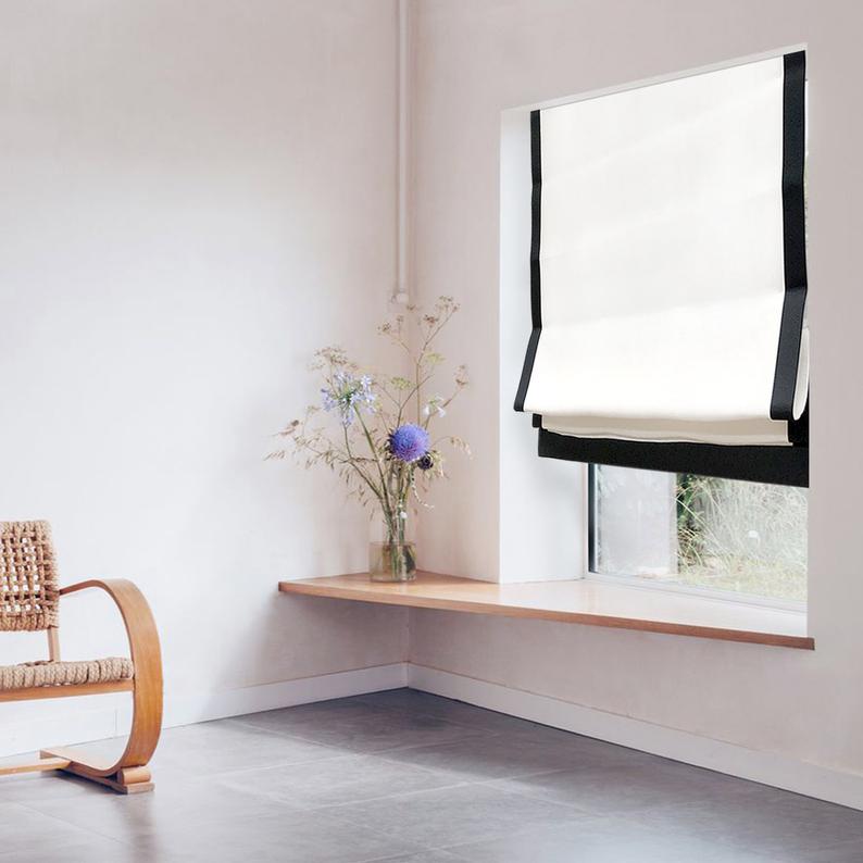 White Linen with Black Border Flat Roman Shade