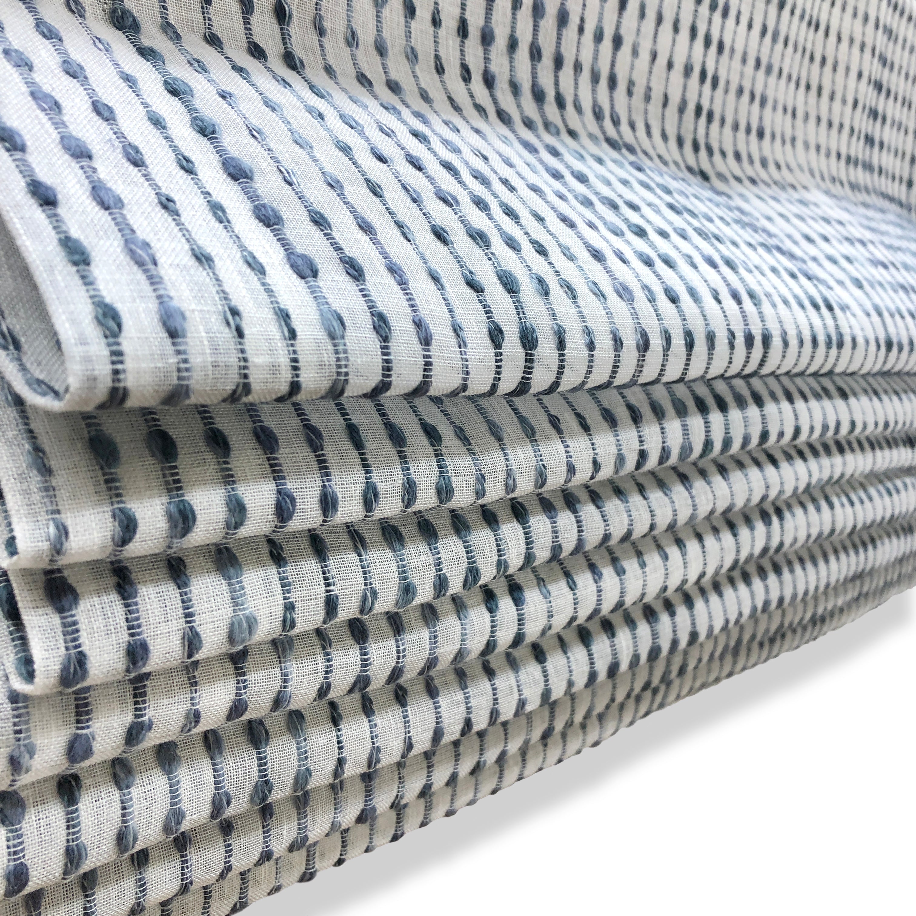 Dot Embroidered Blue Indigo Stripe Sheer Blend Linen Fabric Flat Roman Shade / CL1032