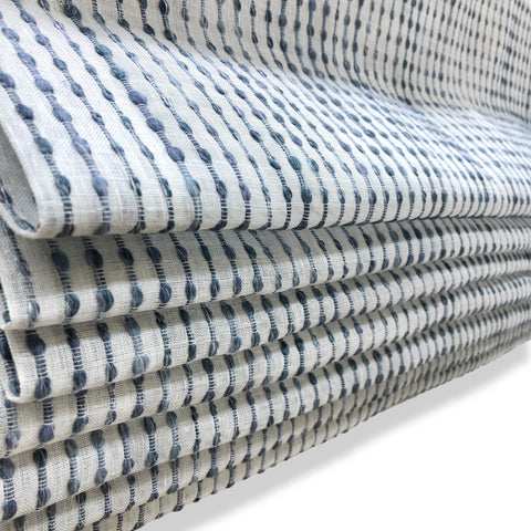 Dot Embroidered Blue Indigo Stripe Sheer Blend Linen Fabric Flat Roman Shade / CL1032