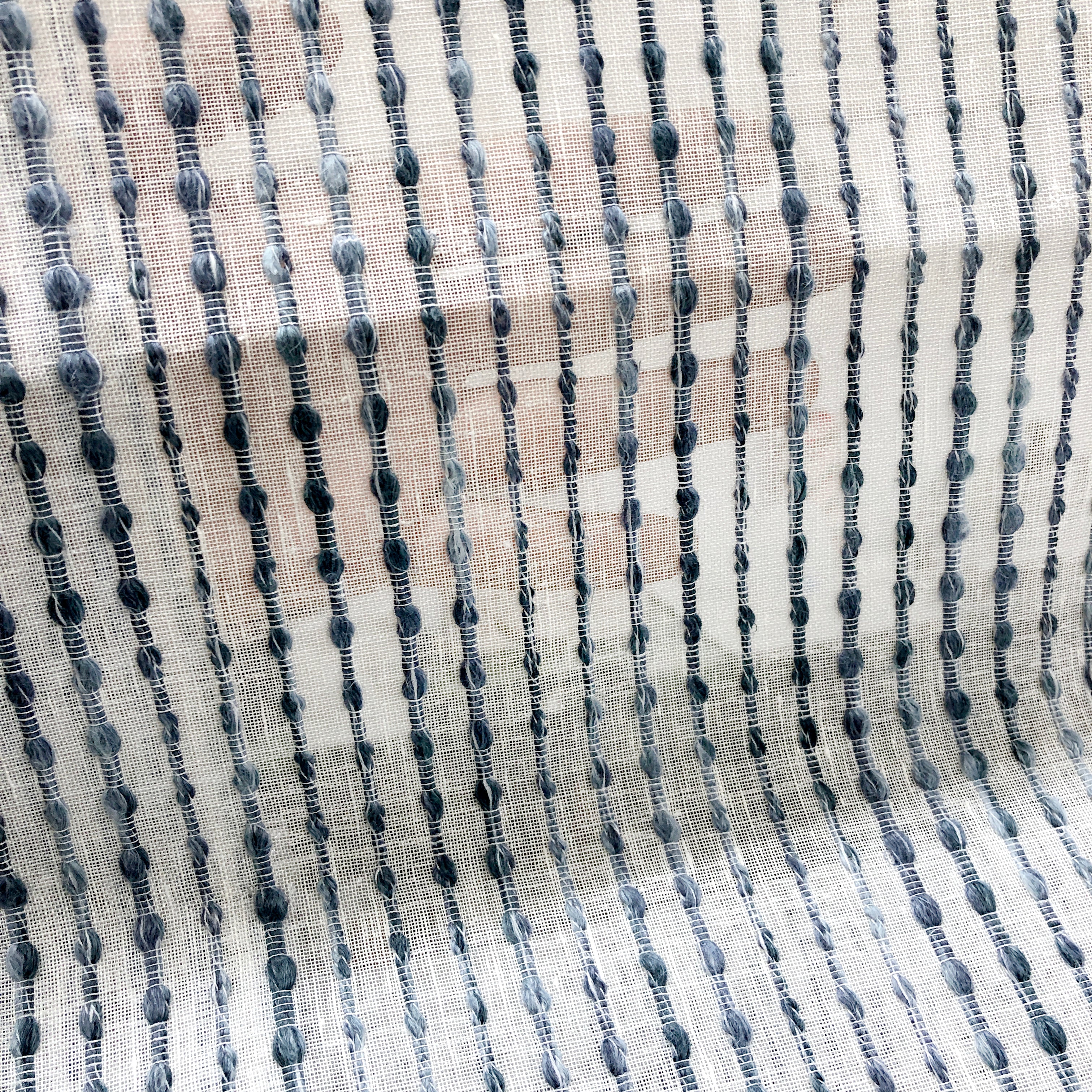 Dot Embroidered Blue Indigo Stripe Sheer Blend Linen Fabric Flat Roman Shade / CL1032