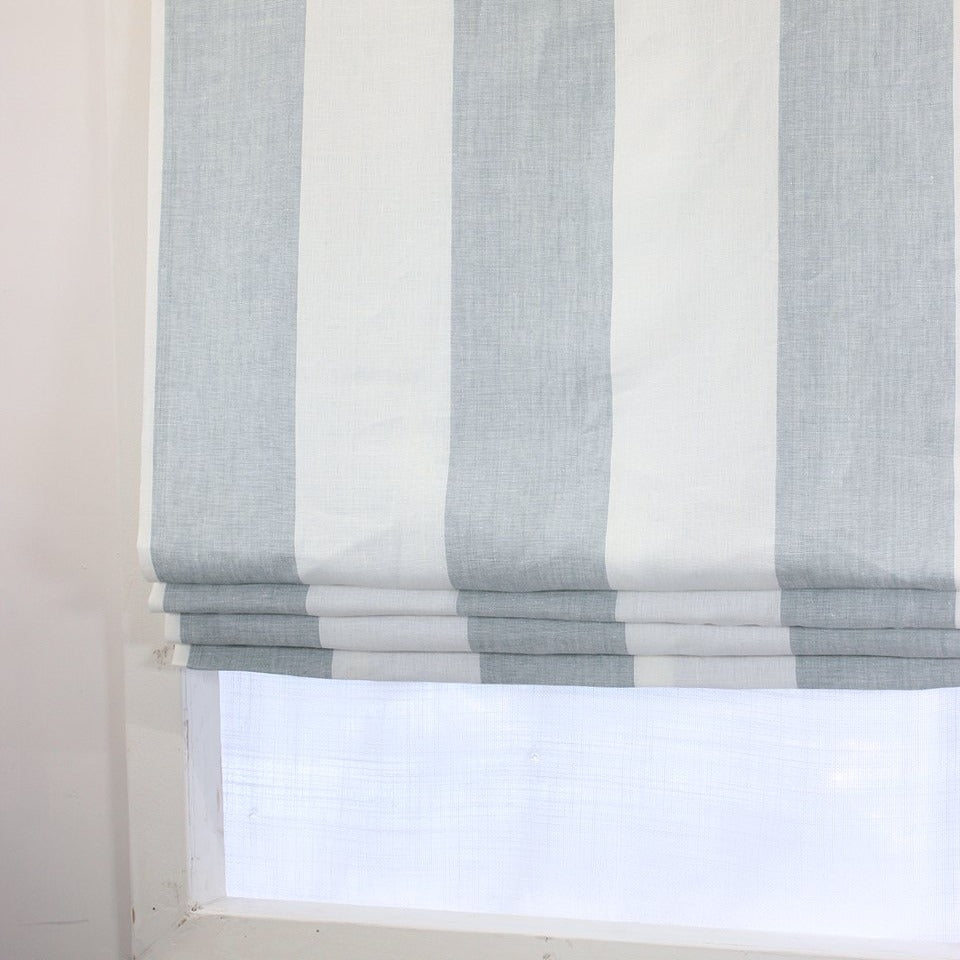 Ciel and White Gray 100% Linen Wide Stripe Flat Roman Shade/CL1026
