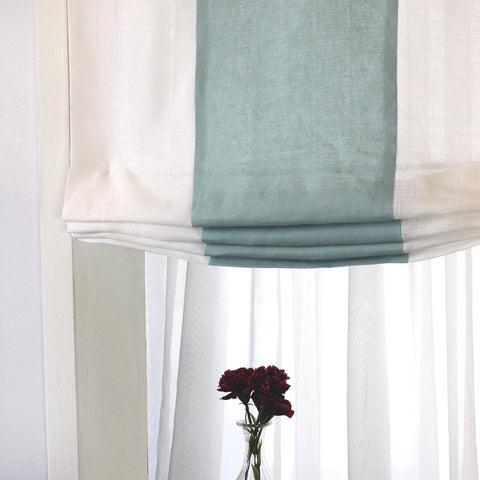 White Flat Roman Shades with Band Bordered Sea Green Olive