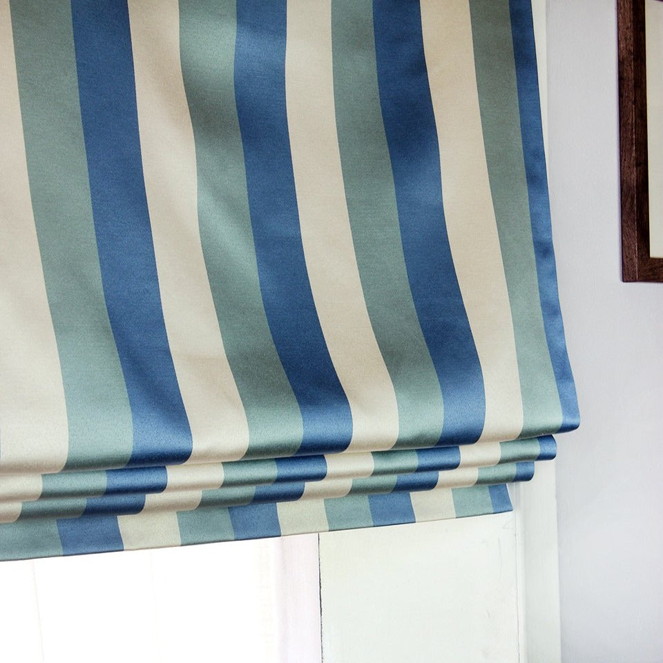 Ivory Green Blue Stripe Flat Roman Shade