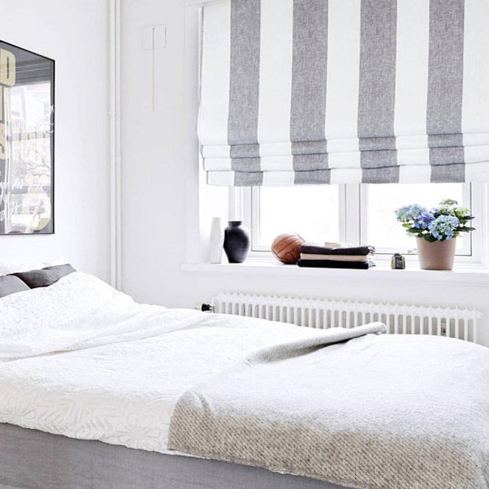 White Gray 100% Linen Wide Stripe Flat Roman Shade/CL1026