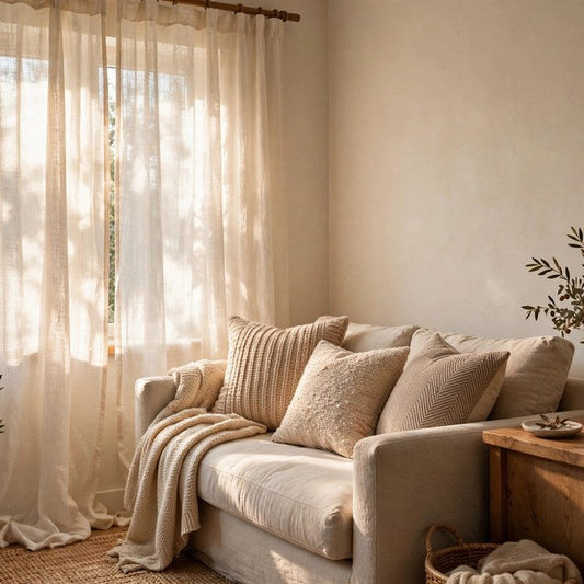 Cozy living room with sheer ivory linen curtains in warm sunlight