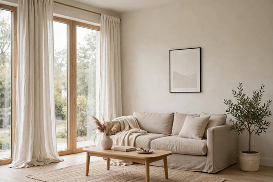 Sheer linen curtains in warm ivory soften daylight instead of blocking it — the simplest way to calm a living room.