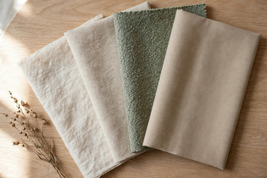 Four natural fiber fabric swatches fanned on a light oak table: flax linen, ramie, hemp and olefin