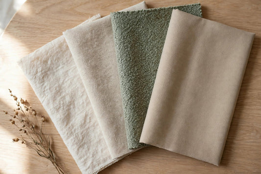 Four natural fiber fabric swatches fanned on a light oak table: flax linen, ramie, hemp and olefin