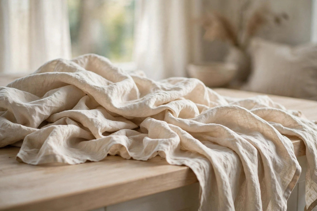 Washed tumbled natural linen fabric in soft rumpled folds on a wooden table