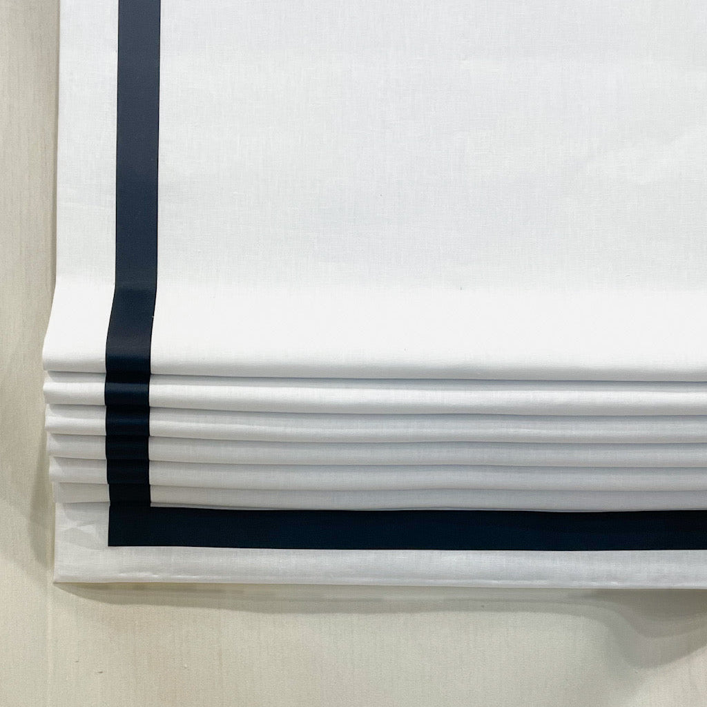 100% White Natural Linen Flat Roman Shade with Black Trim/CL1010 - Classic & Modern Home