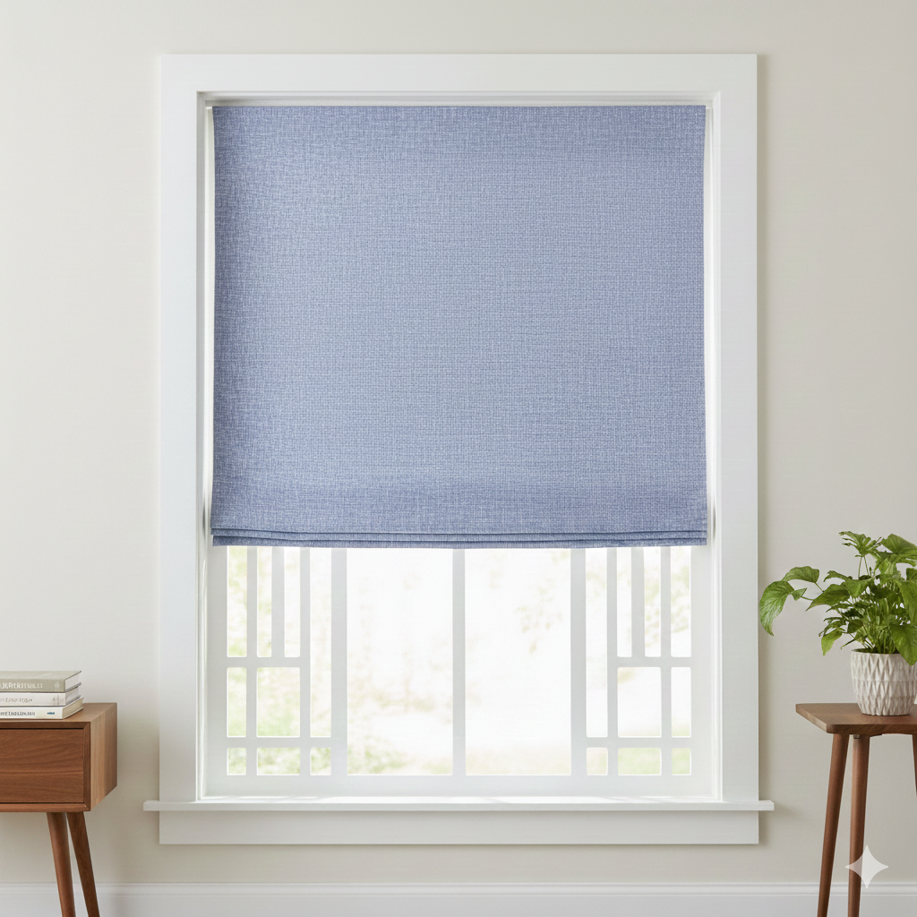 Blue roman shade on a window with a white frame, light-colored walls, and wooden furniture.