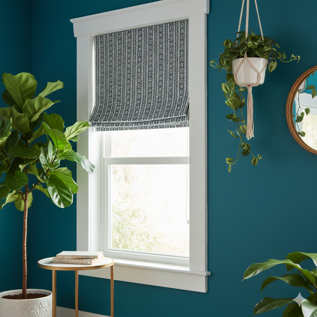Window with Aztec patterned  gray roman shade, plants, and a round mirror on a teal wall.