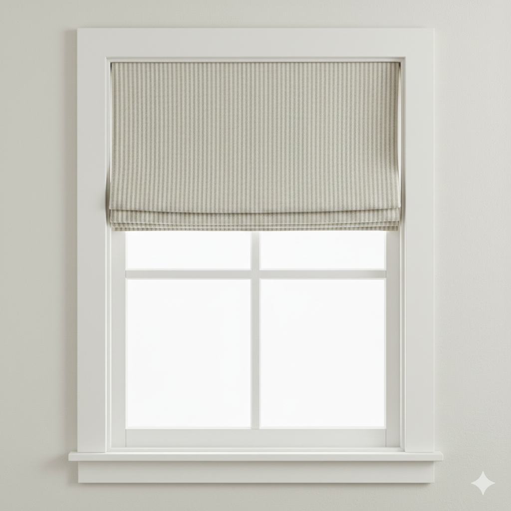 Window with a striped roman blind on a plain background