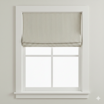 Window with a striped roman blind on a plain background
