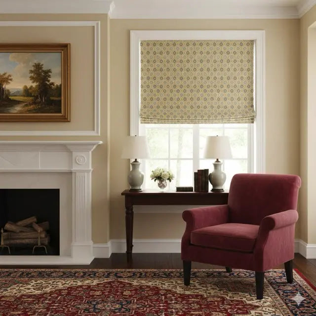 Beige Ogee Medallion Jacquard Flat Roman Shade, CL1191
