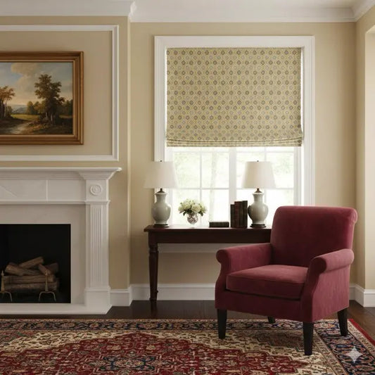 Beige Ogee Medallion Jacquard Flat Roman Shade, CL1191