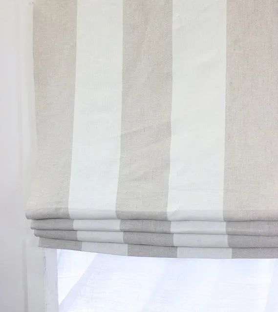 White & Natural 100% Linen Wide Stripe Flat Roman Shade, CL1026