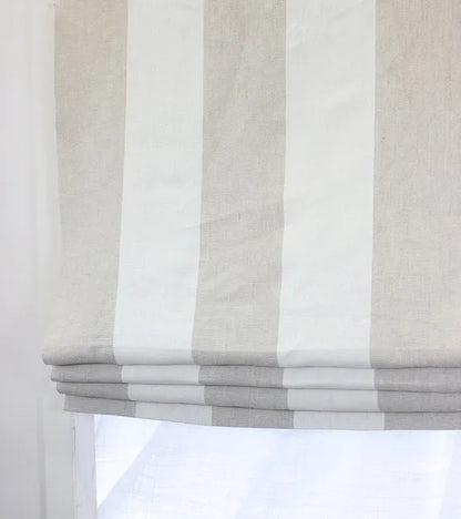 White & Natural 100% Linen Wide Stripe Flat Roman Shade, CL1026