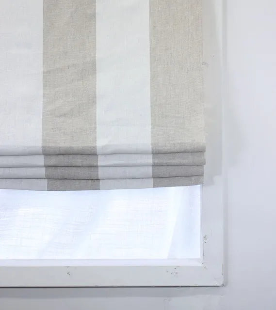 White & Natural 100% Linen Wide Stripe Flat Roman Shade, CL1026