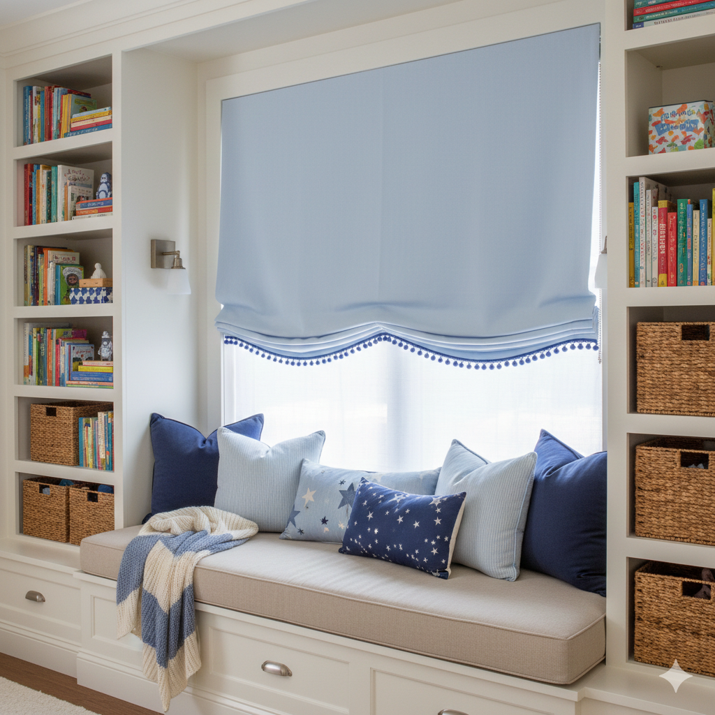 Nook with blue line relaxed roman shade, cushioned bench, pillows, and bookshelves in a home setting.