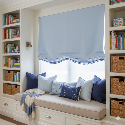 Nook with blue line relaxed roman shade, cushioned bench, pillows, and bookshelves in a home setting.