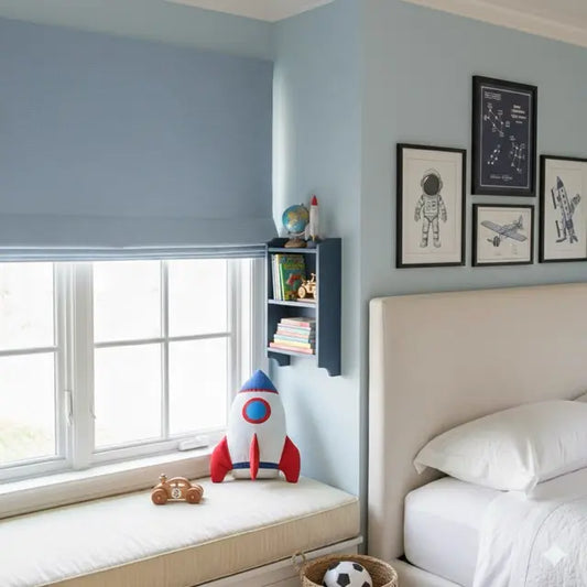 Children's bedroom with a blue roman shade, a window, bookshelf, and bed with space-themed decor.