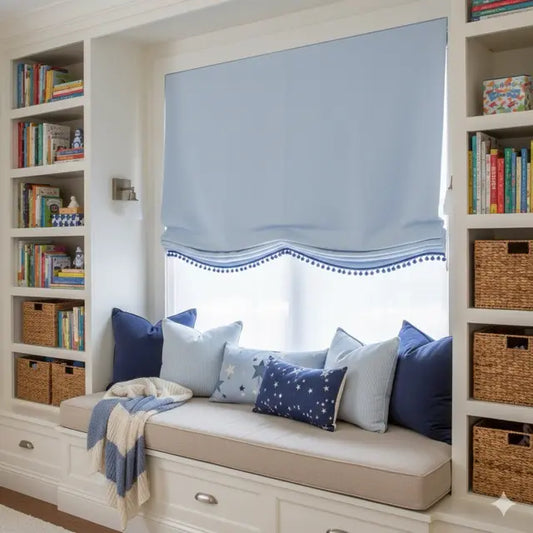 Blue Linen Kid Relaxed Roman Shade with Blue Pom Pom, Blackout Nursery Shade, CL1010