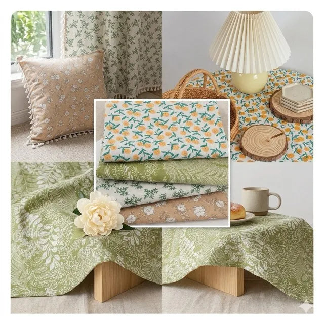 Table setting with floral and green patterned tablecloth, pillows, and decor items.