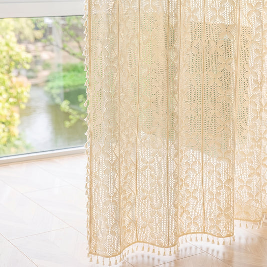 Vintage Boho Crochet Lace Curtain Panel – 100% Cotton Light Filtering Hollow Out Farmhouse Drape for Living Room & Bedroom | CD1027