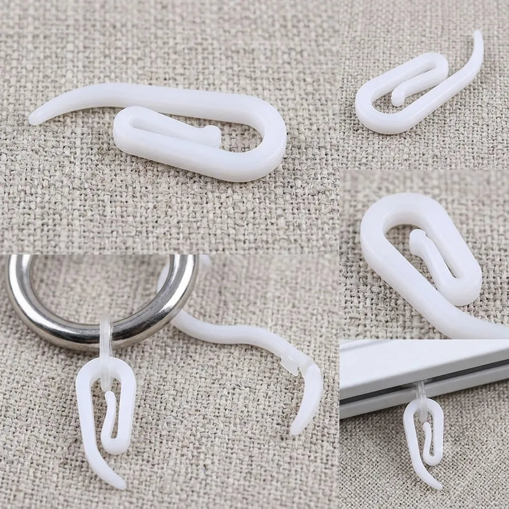 100-Pack White Plastic Curtain Hooks | Secure Curly Glider Hooks for Window Tracks & Rods | CH1006