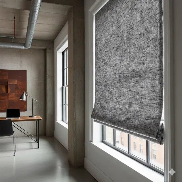 Modern office space with a large window and gray sheer linen roman shade.