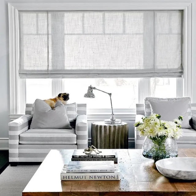 Contemporary White Open-Weave Sheer Linen Blend Flat Roman shade | CL1034