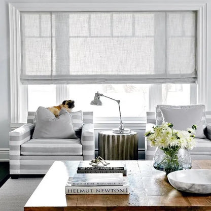 Contemporary White Open-Weave Sheer Linen Blend Flat Roman shade | CL1034