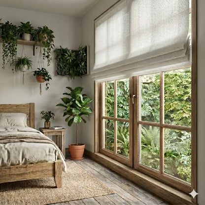 Nestled bedroom with a sheer linen roman shade, wooden bed, plants, and large windows overlooking greenery