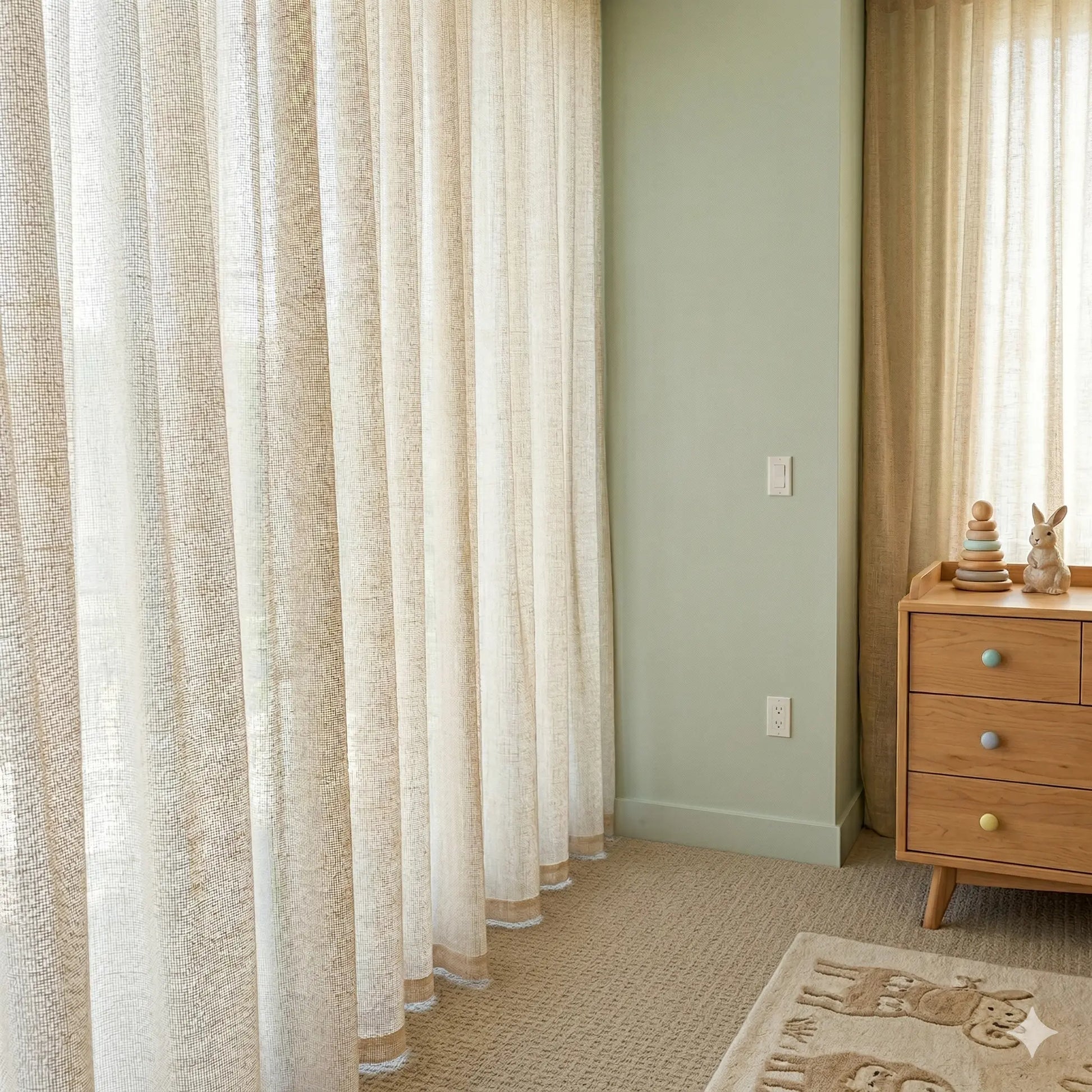 Room with sheer curtains, wooden dresser, and light green walls.