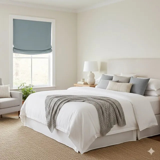 A styled bedroom scene featuring a bed dressed in white bedding with a textured gray throw blanket, surrounded by neutral gray and striped pillows. The room has warm beige walls, a woven jute rug, a window with a blue french linen roman shade, and a matching armchair.
