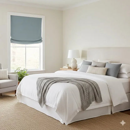 A styled bedroom scene featuring a bed dressed in white bedding with a textured gray throw blanket, surrounded by neutral gray and striped pillows. The room has warm beige walls, a woven jute rug, a window with a blue french linen roman shade, and a matching armchair.