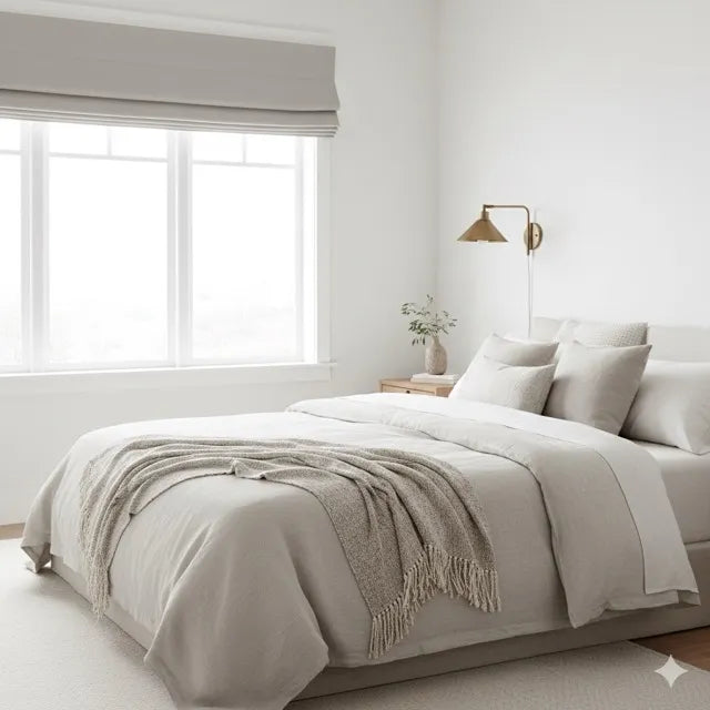 A minimalist bedroom featuring a bed dressed in light beige and off-white bedding with a textured fringed throw blanket. The room has white walls, a large window with a gray french linen roman shade, a brass wall sconce, and a small side table with a vase of flowers.