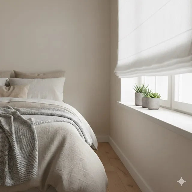 A softly lit bedroom corner with a bed dressed in neutral beige and white bedding, a textured gray throw blanket, a white window blind, and two small potted succulents on the windowsill.