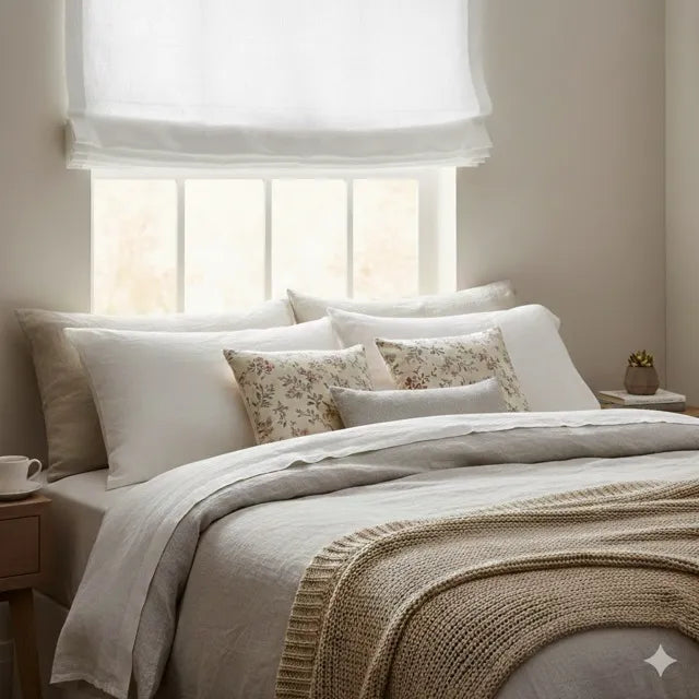 A neatly made bed in a softly lit bedroom, styled with a french stonewashed white linen roman shade and beige linens, patterned accent pillows, a light gray throw blanket, and a chunky beige knit blanket draped across the foot of the bed.