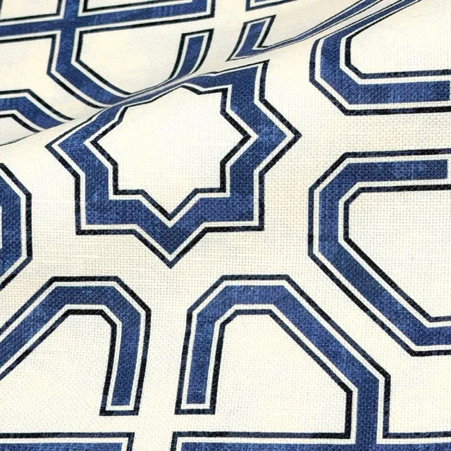 Modern Geometric Moroccan Indigo Linen Flat Roman Shade, CL1067