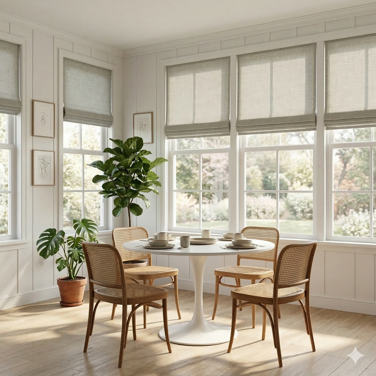 Dining room with wooden chairs, a white table, and large windows with linen roman shades.