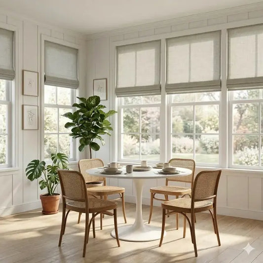 Dining room with a linen roman shade,  wooden chairs, a white table, and large windows with blinds.
