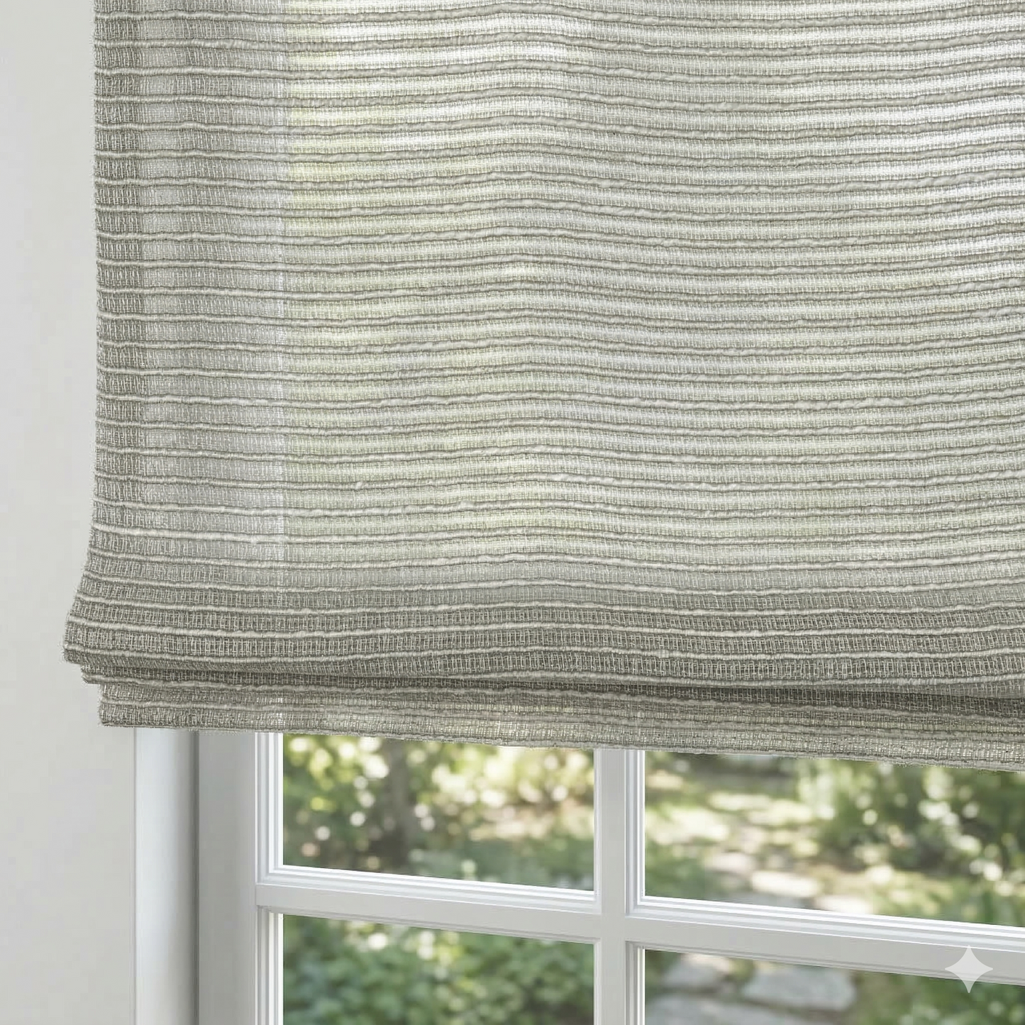 Textured gray roman blind with a window in the background