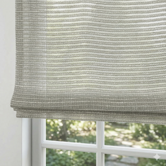 Textured gray roman blind with a window in the background