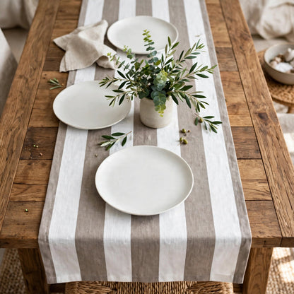 CL1092 linen fabric as a table runner on a styled dining table