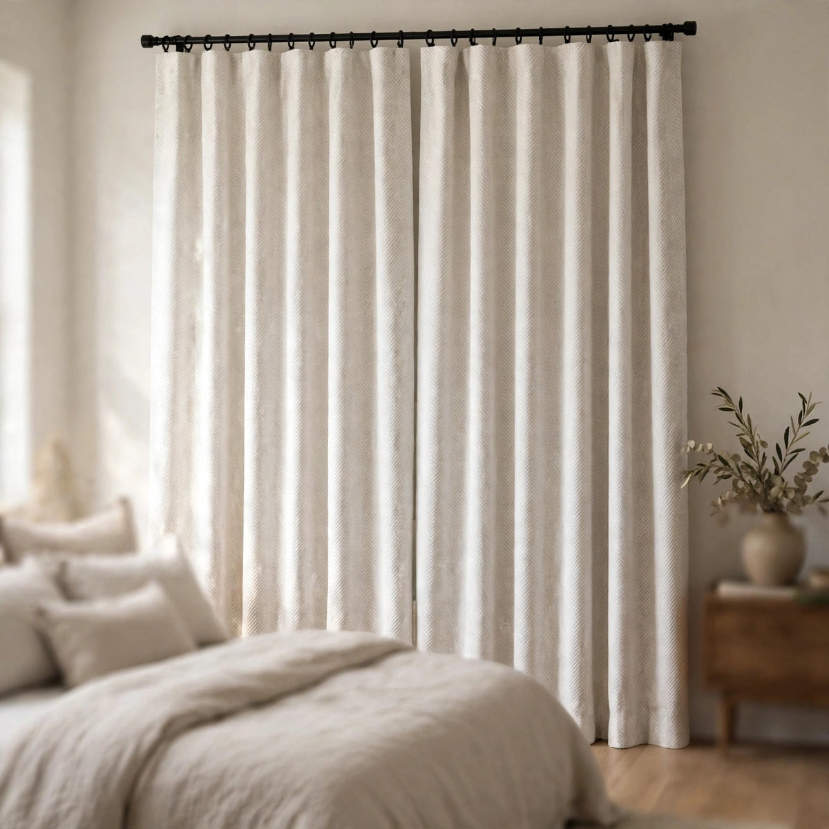 Textured herringbone blackout faux linen fabric styled as curtains, CL1097