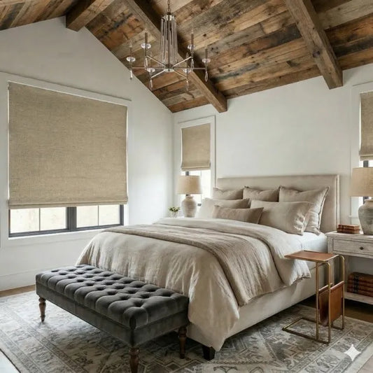 Modern bedroom with natural color linen roman shade, wooden beams, neutral color scheme, and a chandelier.