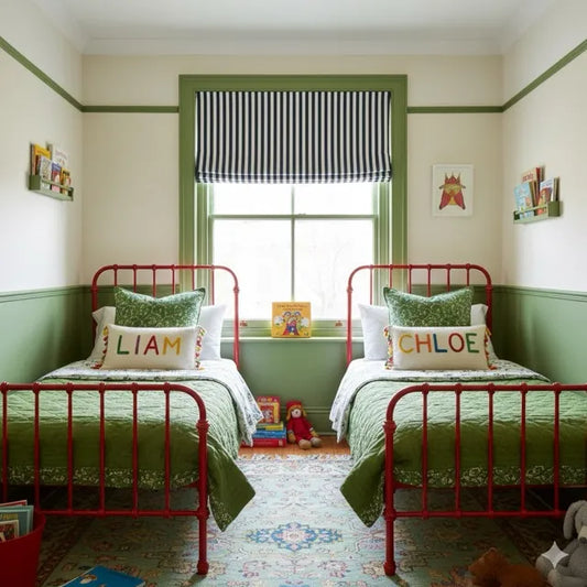 Children's bedroom with a white and navy striped linen fabric, two red beds, green walls, and colorful decor.